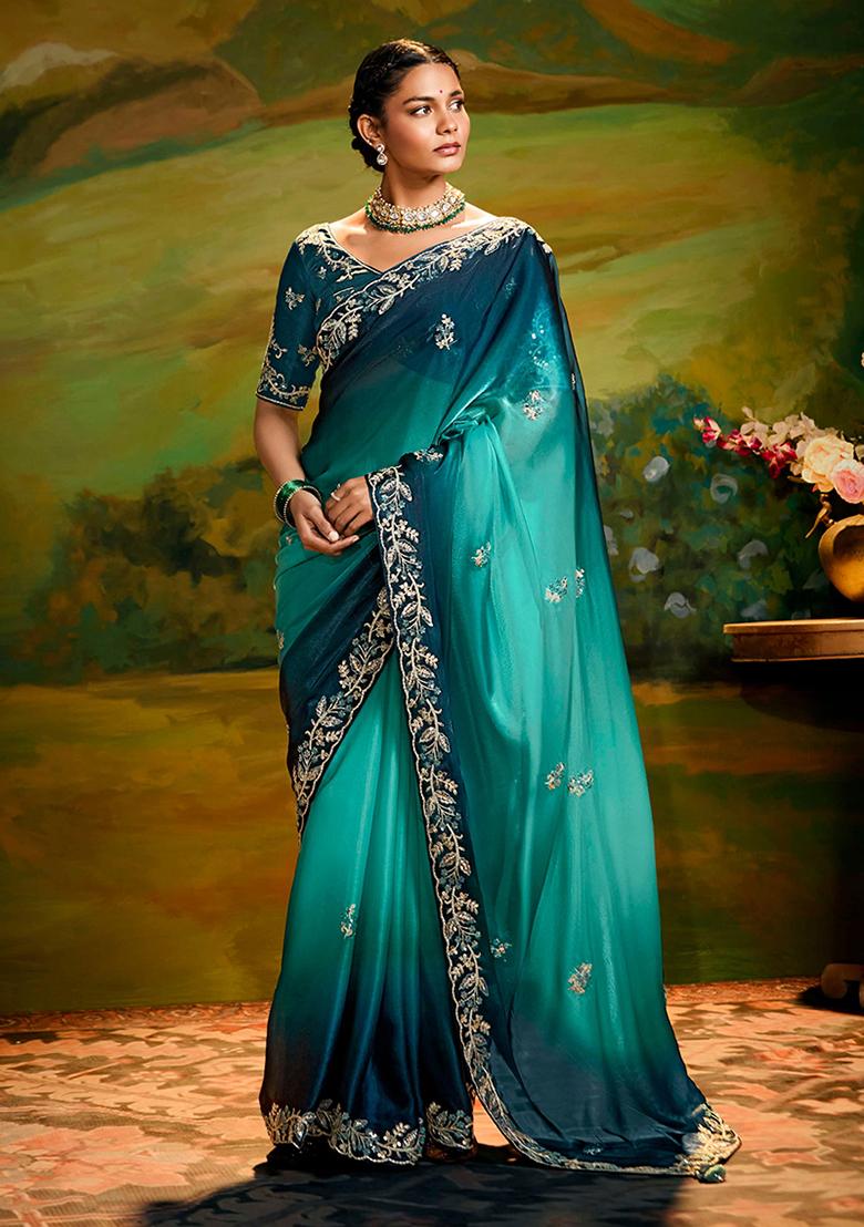Teal Blue Embroidered Tissue Saree Set