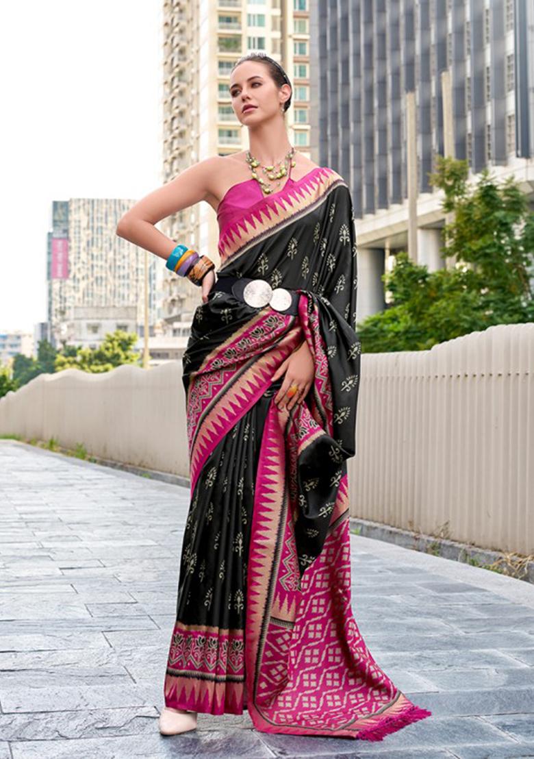 Black Embroidered Silk Blend Saree Set