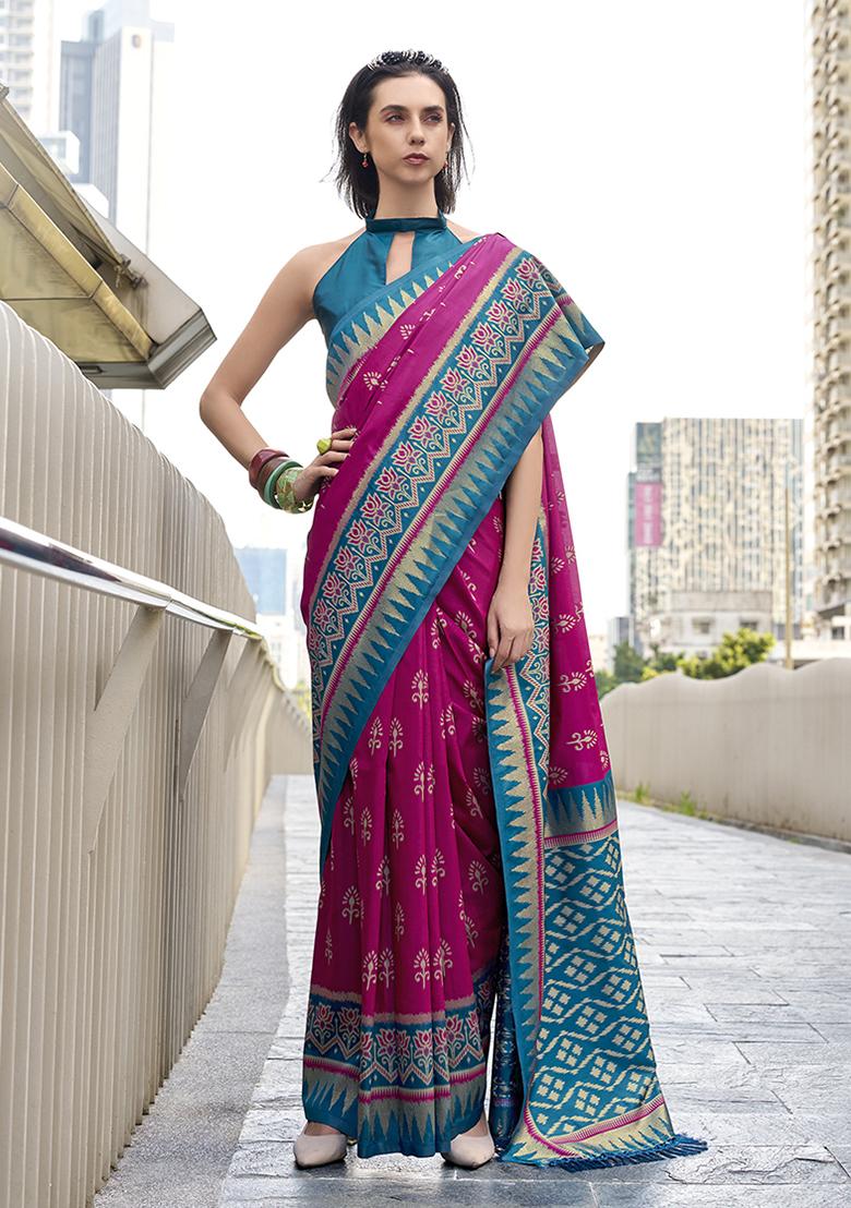 Rani Pink Embroidered Silk Blend Saree Set