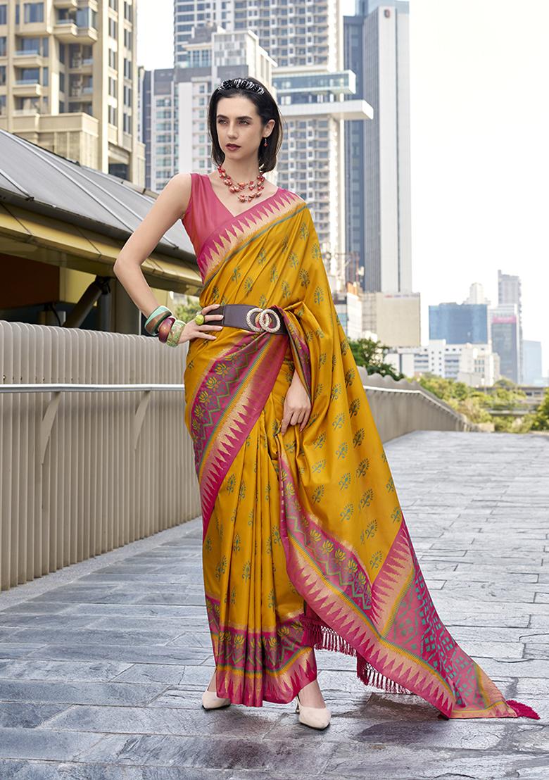 Mustard Yellow Embroidered Silk Blend Saree Set