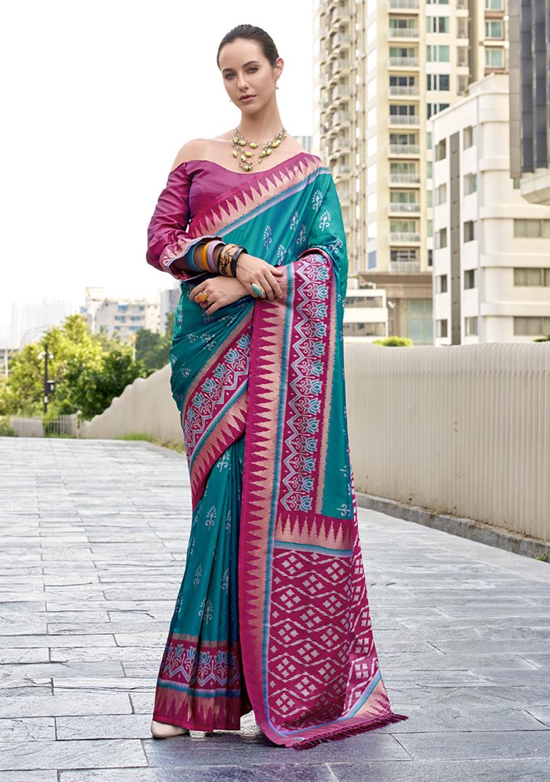 Teal Blue Embroidered Silk Blend Saree Set