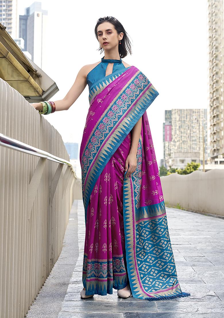 Rani Pink Embroidered Silk Blend Saree Set