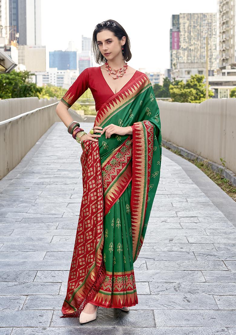 Green Embroidered Silk Blend Saree Set