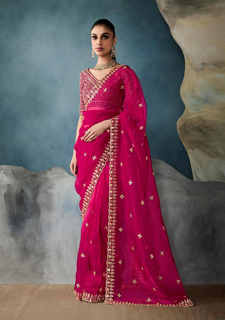 Rani Pink Embroidered Tissue Saree Set