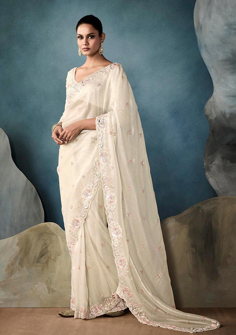 Off White Embroidered Tissue Saree Set