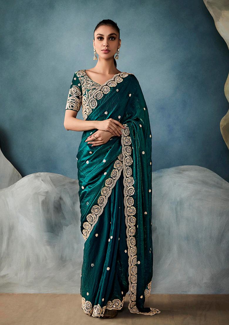 Dark Teal Blue Embroidered Tissue Saree Set
