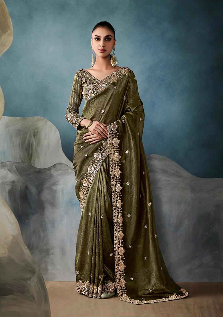 Dark Olive Green Embroidered Tissue Saree Set