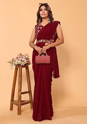Maroon Embroidered Georgette Saree Set