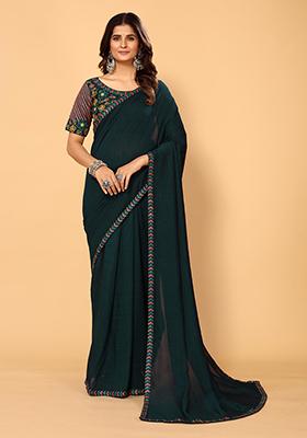 Morpeach Blue Embroidered Vichitra Silk Saree Set