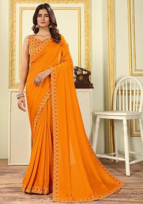 Mustard Yellow Embroidered Vichitra Silk Saree Set