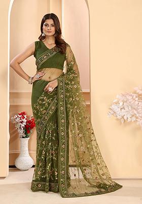 Green Embroidered Net Saree Set