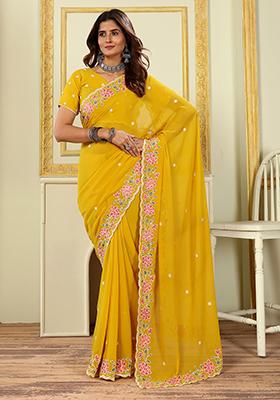 Yellow Embroidered Georgette Saree Set