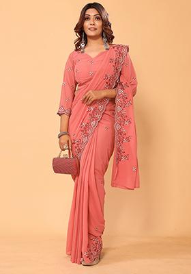 Peach Embroidered Georgette Saree Set