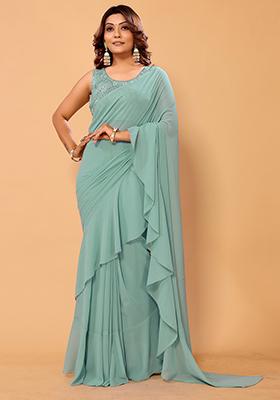 Sea Green Embroidered Georgette Saree Set