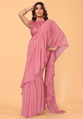 Pink Embroidered Georgette Saree Set