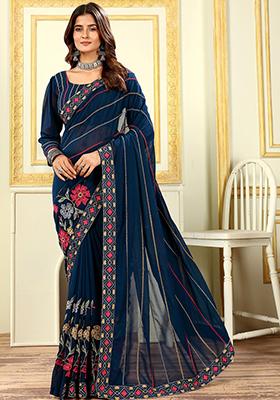 Morpeach Blue Embroidered Georgette Saree Set