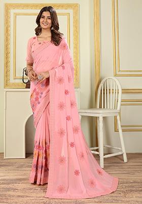 Pink Embroidered Georgette Saree Set
