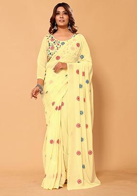 Lime Yellow Embroidered Georgette Saree Set