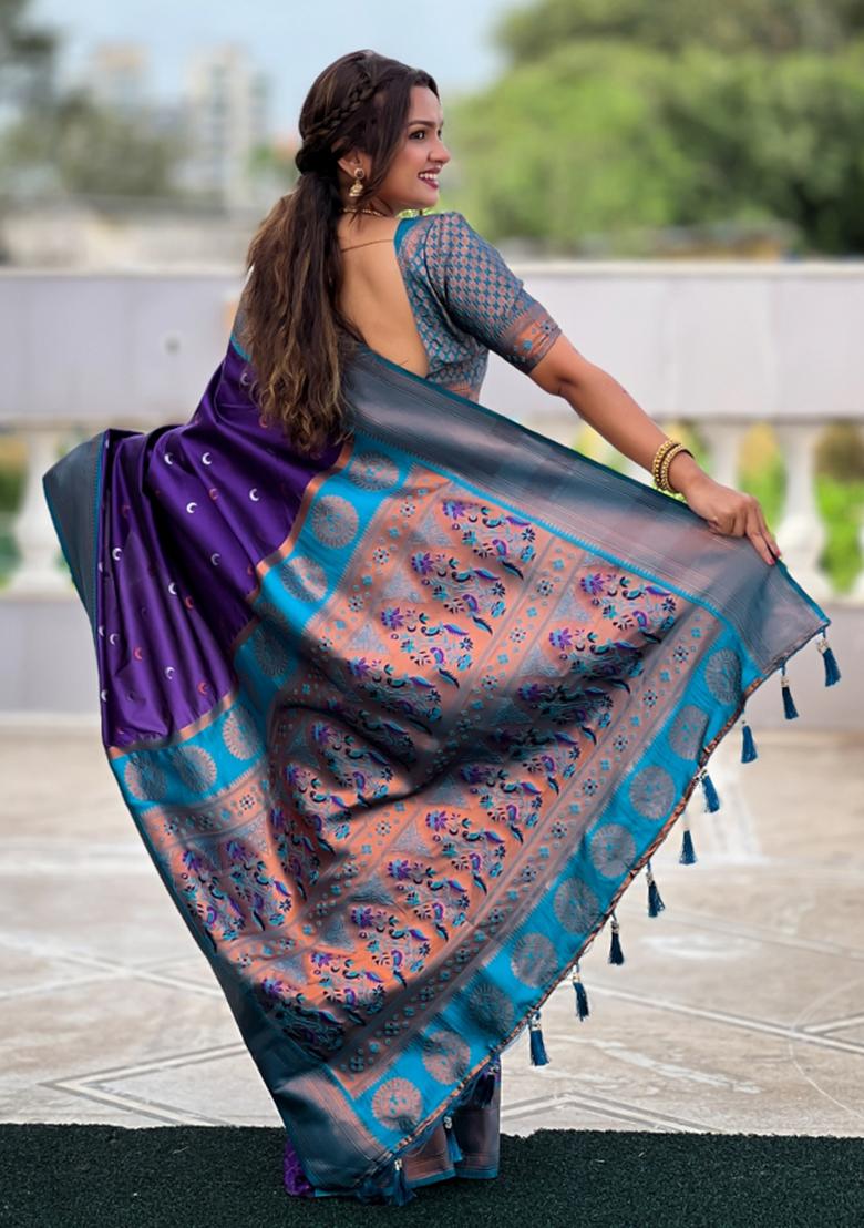 Blue Weaving Silk Saree Set - Indya