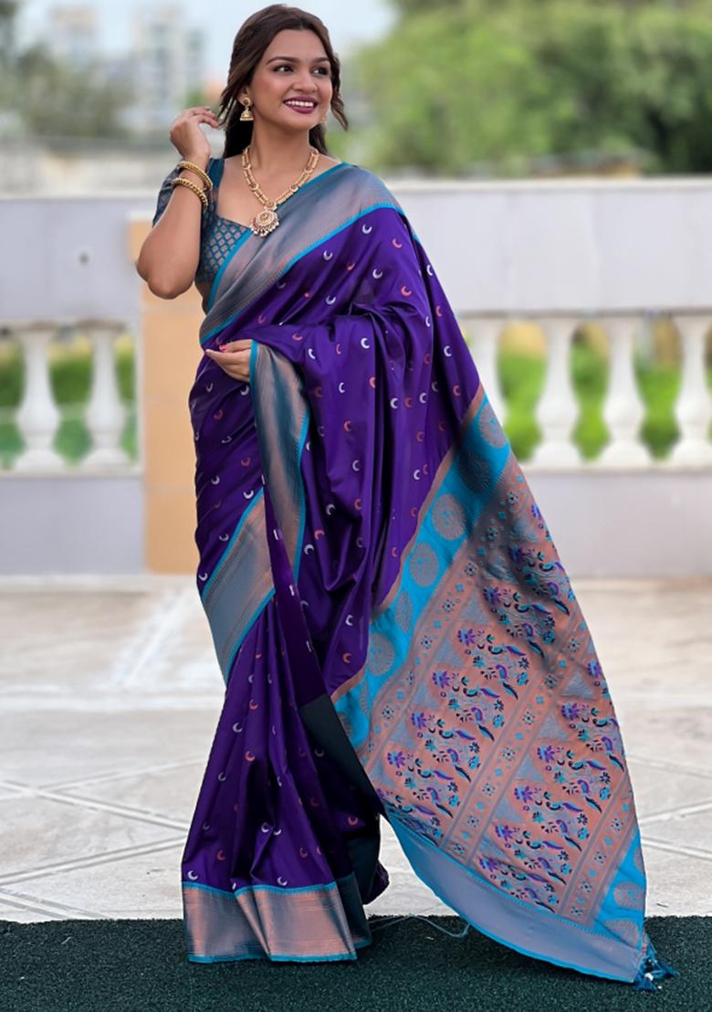 Blue Weaving Silk Saree Set - Indya