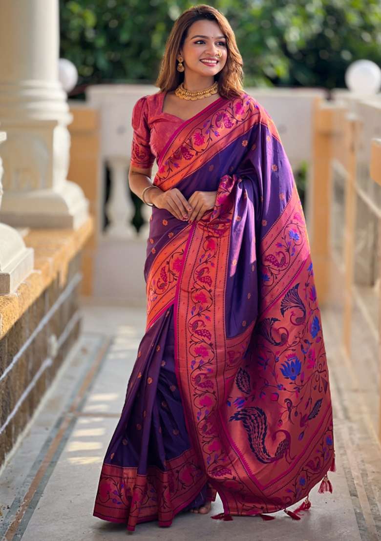 Navy Blue Weaving Silk Saree Set for Diwali and Festive Wear - Indya