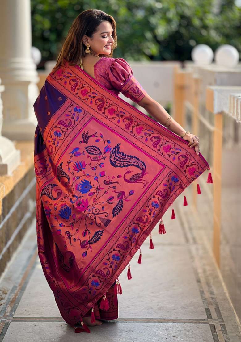 Navy Blue Weaving Silk Saree Set for Diwali and Festive Wear - Indya