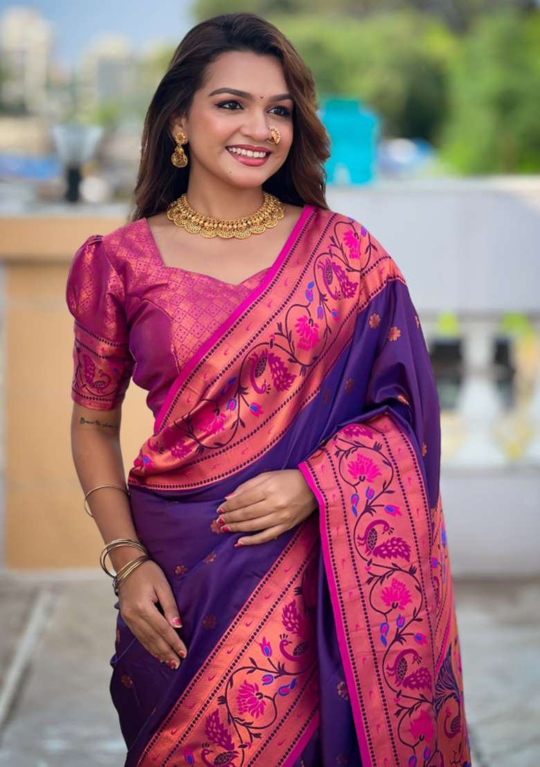 Navy Blue Weaving Silk Saree Set for Diwali and Festive Wear - Indya