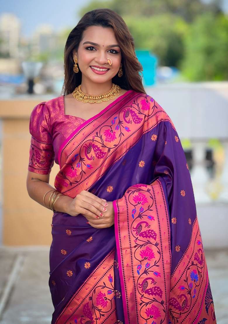 Navy Blue Weaving Silk Saree Set for Diwali and Festive Wear - Indya