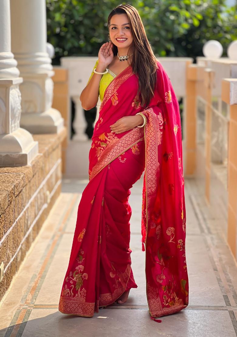 Pink Weaving Silk Saree Set
