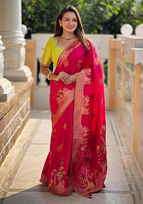 Pink Weaving Silk Saree Set