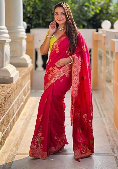 Pink Weaving Silk Saree Set
