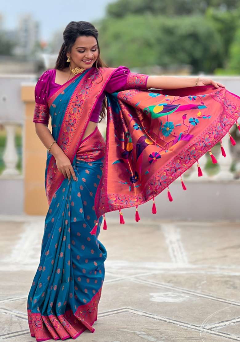 Sky Blue Weaving Silk Saree Set - Indya