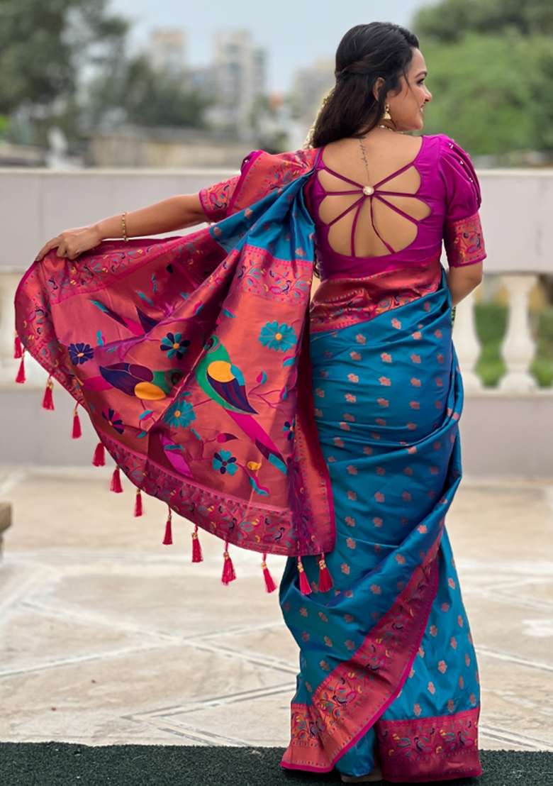 Sky Blue Weaving Silk Saree Set - Indya