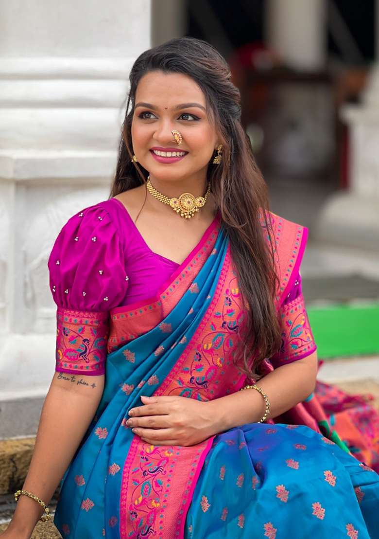 Sky Blue Weaving Silk Saree Set - Indya