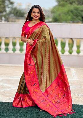 Rani Pink Weaving Silk Saree Set