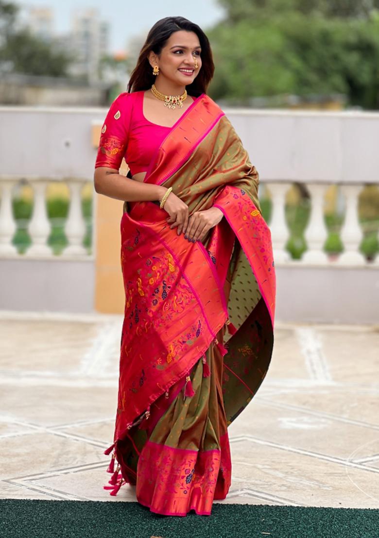 Rani Pink Weaving Silk Saree Set