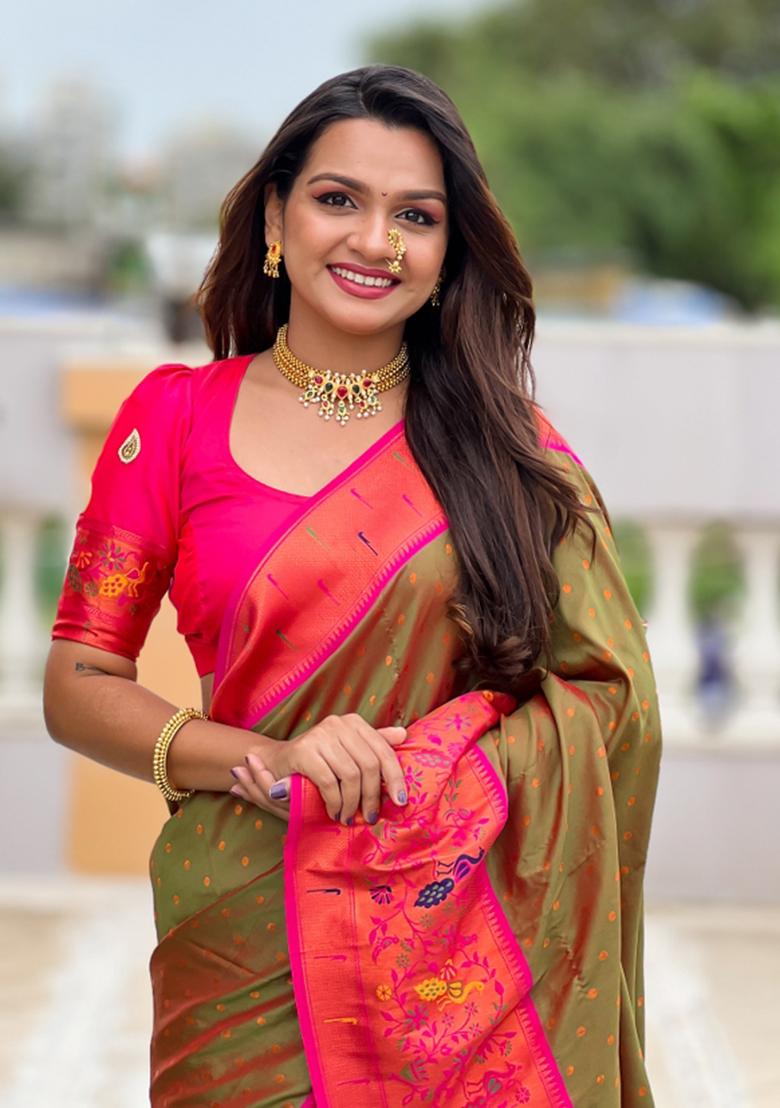 Rani Pink Weaving Silk Saree Set