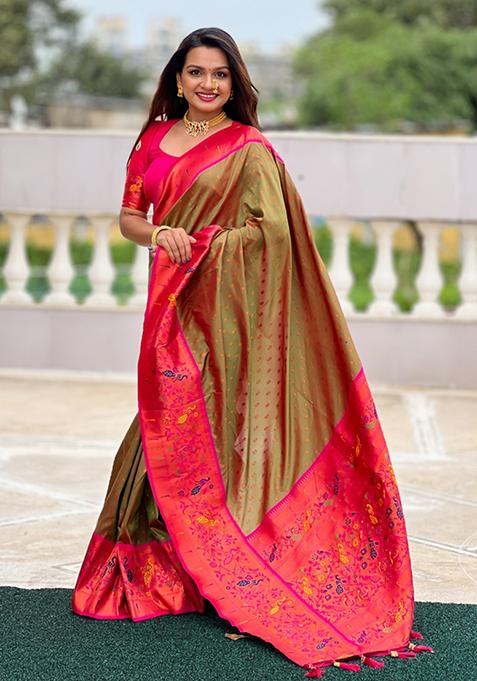 Rani Pink Weaving Silk Saree Set
