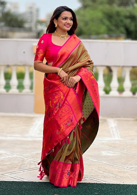 Rani Pink Weaving Silk Saree Set