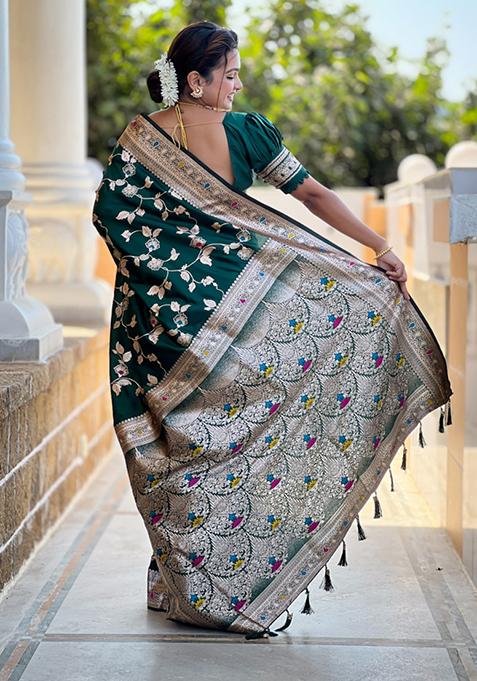 Bottle Green Weaving Silk Saree Set