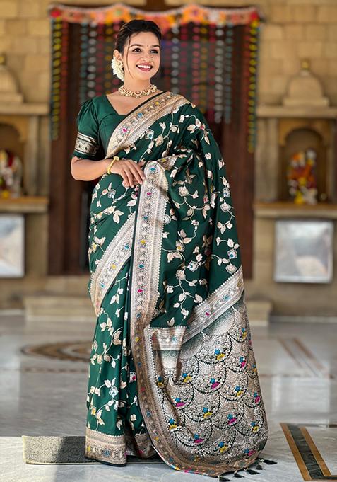 Bottle Green Weaving Silk Saree Set