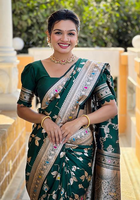 Bottle Green Weaving Silk Saree Set
