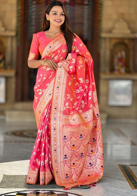 Gajri Pink Weaving Silk Saree Set