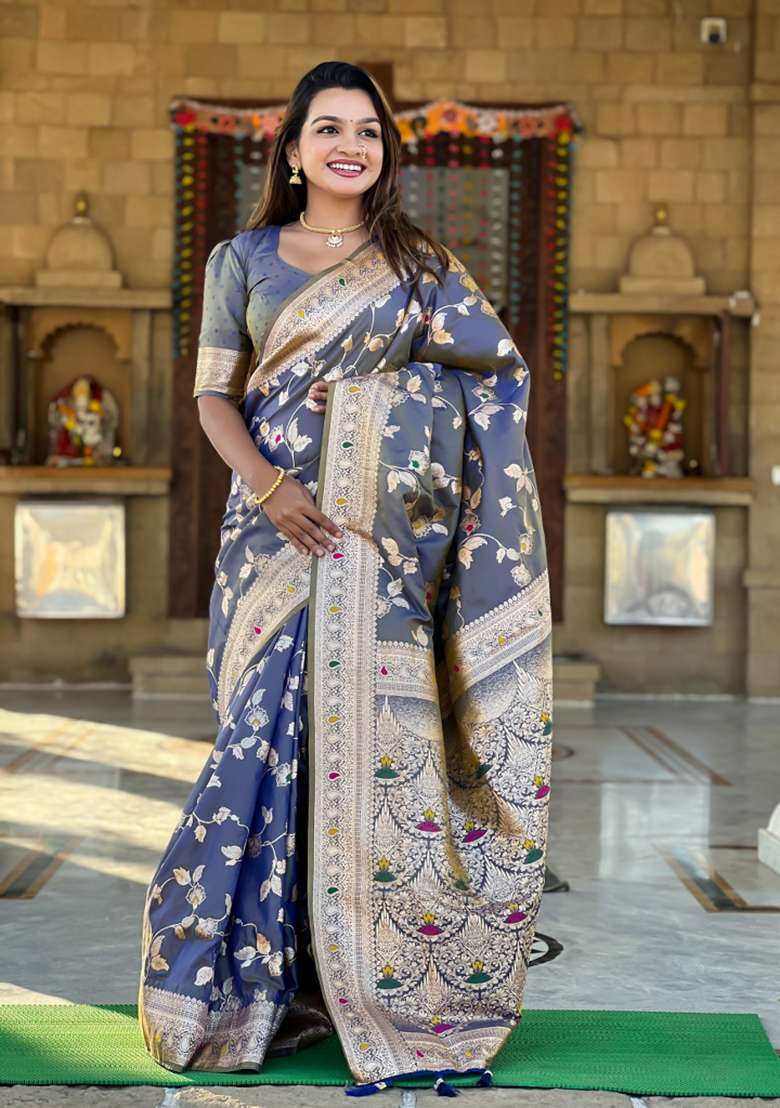 Grey Weaving Silk Saree Set for Diwali | Wedding & Festive Wear - Indya