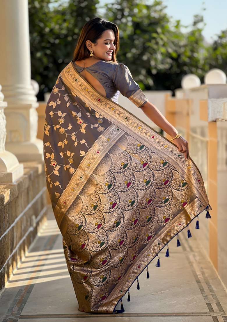Grey Weaving Silk Saree Set for Diwali | Wedding & Festive Wear - Indya