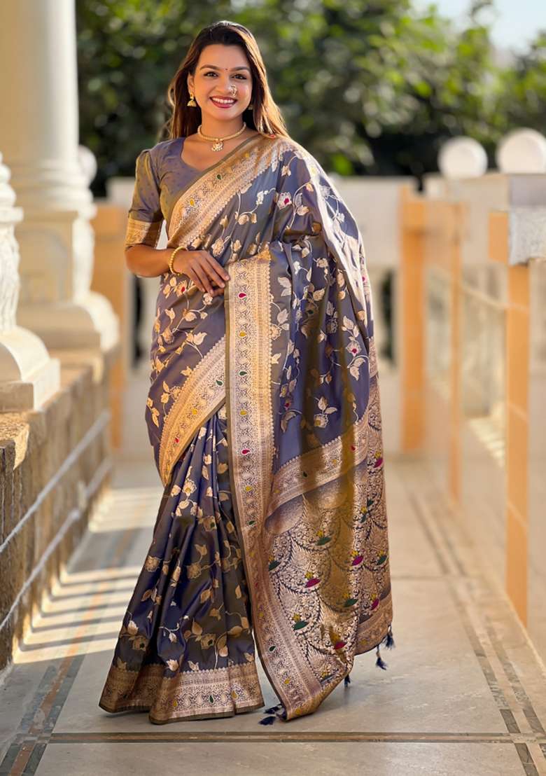 Grey Weaving Silk Saree Set for Diwali | Wedding & Festive Wear - Indya