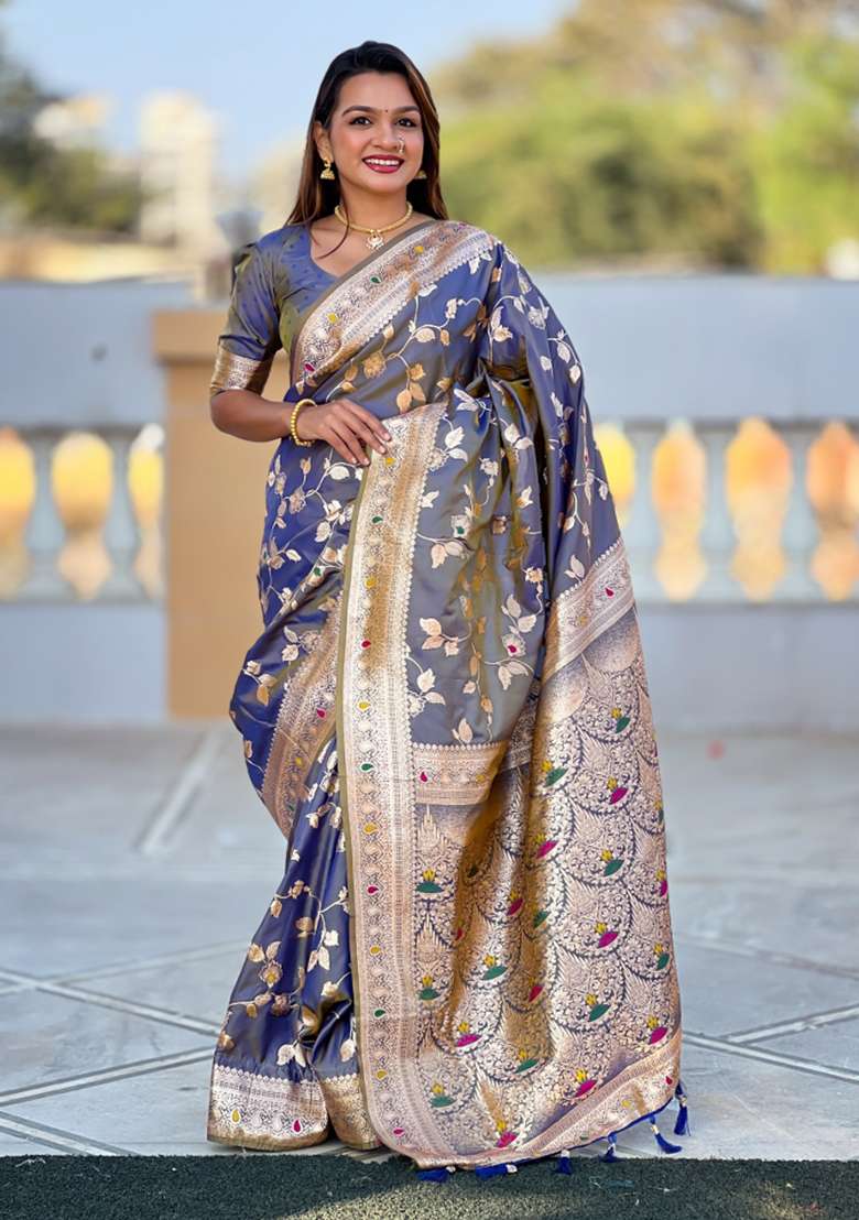 Grey Weaving Silk Saree Set for Diwali | Wedding & Festive Wear - Indya