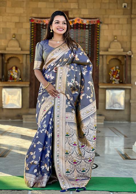 Grey Weaving Silk Saree Set