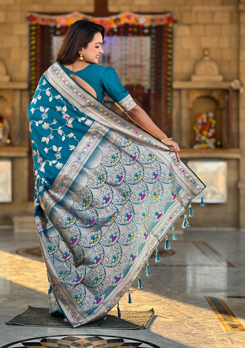 Morpeach Blue Weaving Silk Saree Set