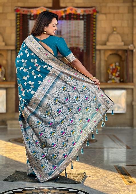 Morpeach Blue Weaving Silk Saree Set